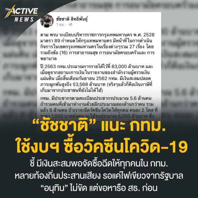 “ชัชชาติ” แนะ กทม. ใช้งบฯ ซื้อวัคซีนโควิด-19