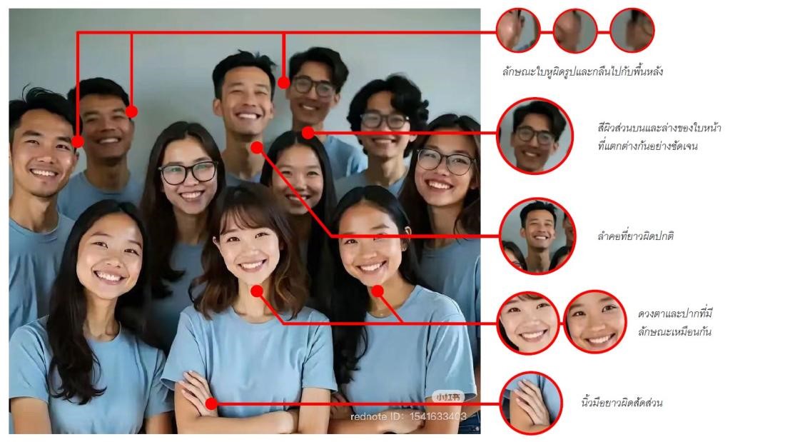 Shu Hu, Director of the Machine Learning and Media Forensics Lab at Purdue University, stated that both images show irregular elements, indicating that the image was generated by AI such as blurred ears that fade into the background, and lack of details or distinctive features in teeth and irises. (Archived Link) Siwei Lyu, Director of the Media Forensics Lab at the University at Buffalo, USA, noted that “distinct skin tone differences” were found on the faces including abnormally long necks, and identical features of eyes and mouths on several individuals. (Archived Link) “Everyone in the images has the same unnatural smile, similar to the style learned by AI tools,” Lyu told AFP. “Their teeth are almost identically aligned at every angle, which is abnormal and not typical of real photos.” 