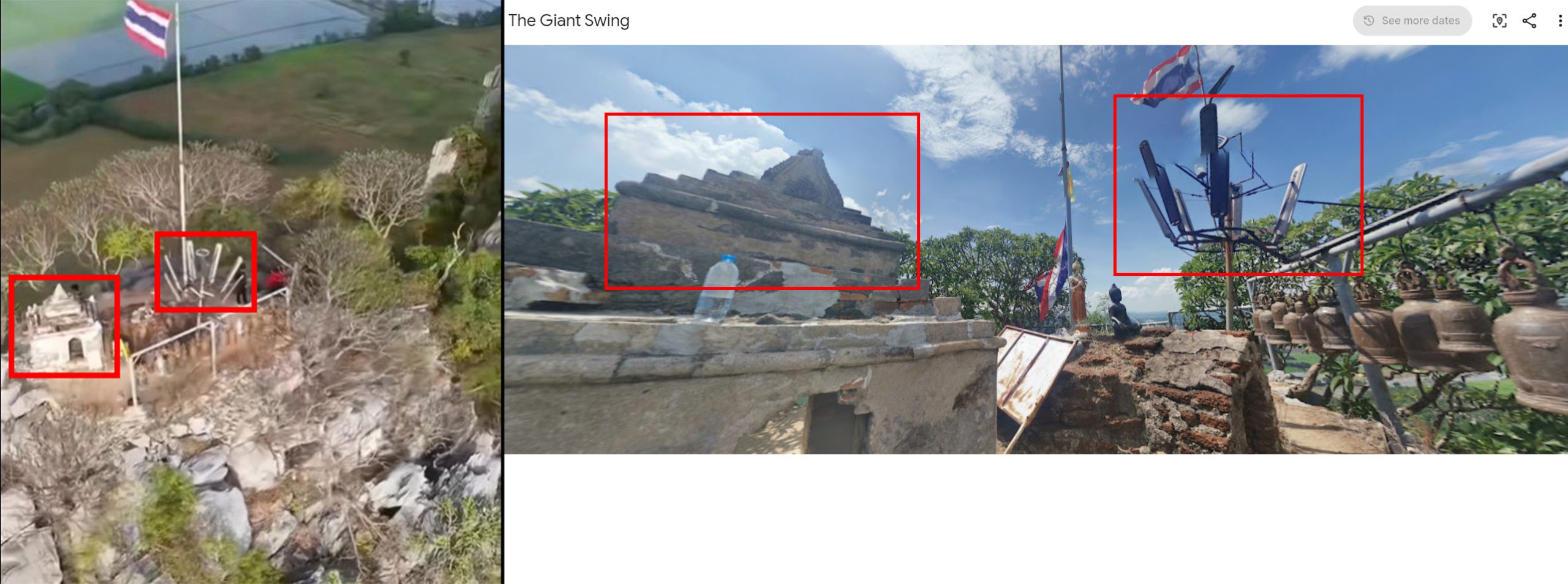 ภาพเปรียบเทียบผู้ใช้บัญชี TikTok อ้างว่าเป็นภูมะเขือ (ซ้าย) ภาพจาก google Earth แสดงพื้นที่เขาหน่อ จังหวัดนครสวรรค์ (ขวา)  