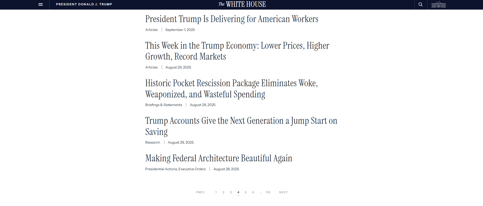 ภาพข่าวจากเว็บไซต์ whitehouse ช่วงวันที่ 29 ส.ค. - 1 ก.ย. 68