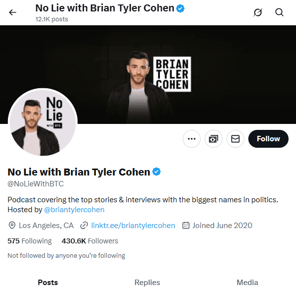 ภาพบัญชี X ของ Brian Tyler Cohen YouTuber, พิธีกรพอดแคสต์, นักเขียน และเป็น นักวิจารณ์ทางการเมืองสายก้าวหน้า