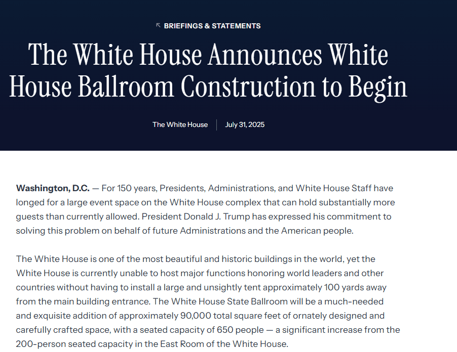 ภาพจากเว็บไซต์ whitehouse ชี้แจงว่า ทำเนียบขาวประกาศแผนก่อสร้างห้องบอลรูมใหม่