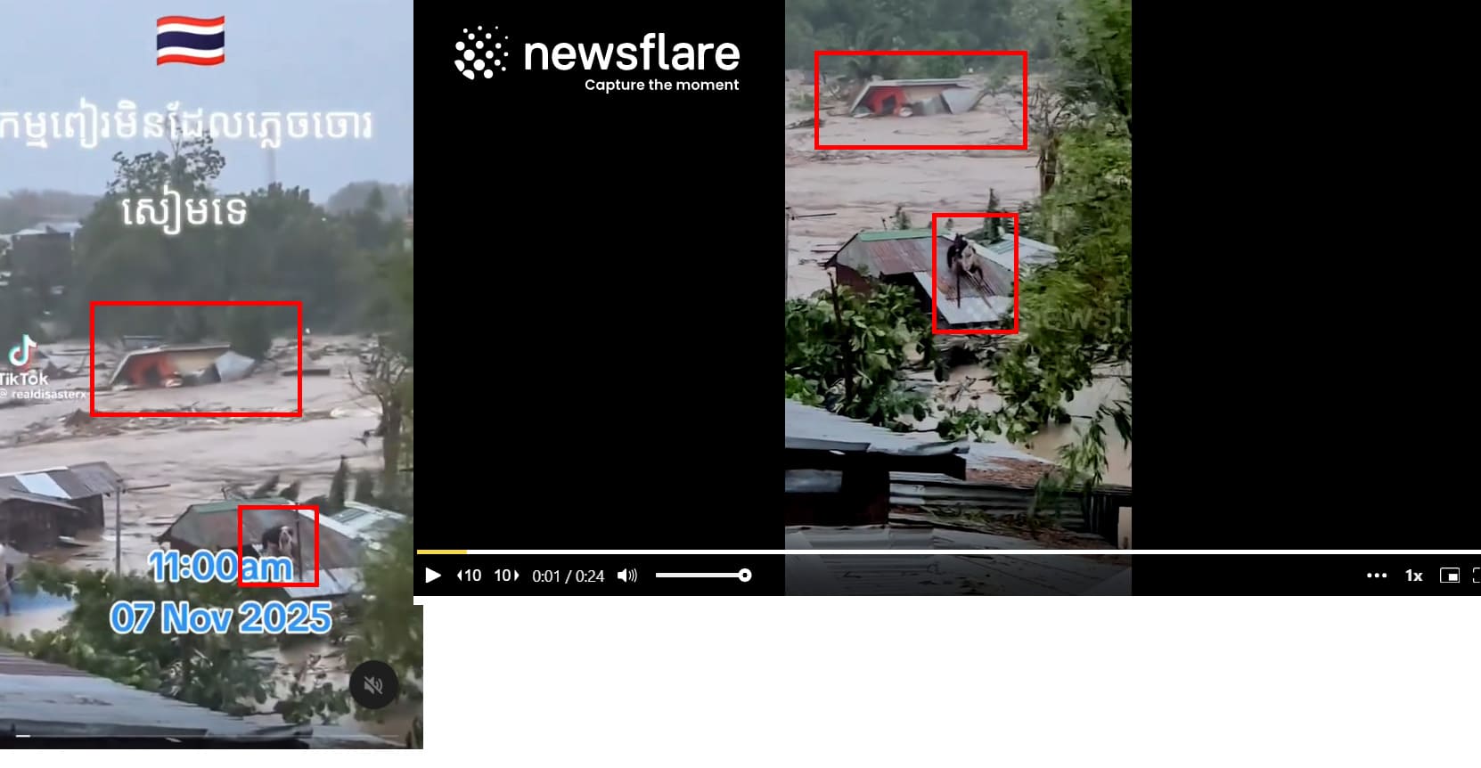 ภาพเปรียบเทียบคลิปใน Thread (ซ้าย) และภาพวิดีโอจาก newsflare (ขวา)