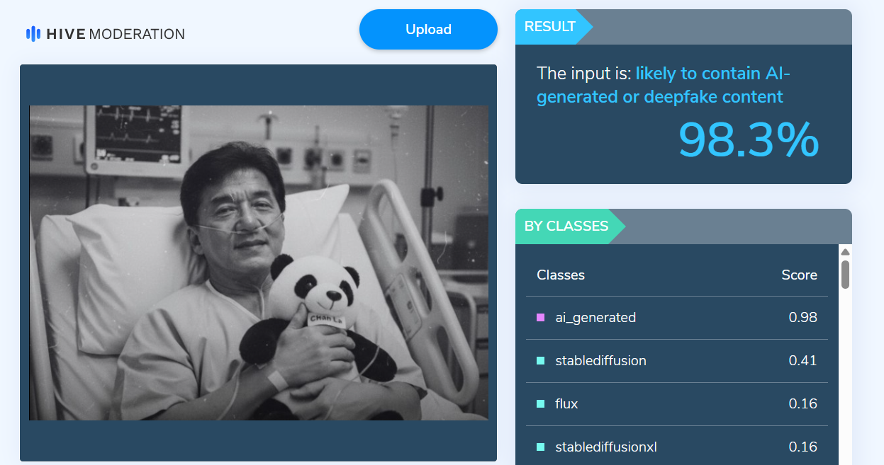 ภาพการตรวจสอบจากเว็บไซต์ HIVE MODERATION พบว่าเป็นภาพที่สร้างจาก AI 