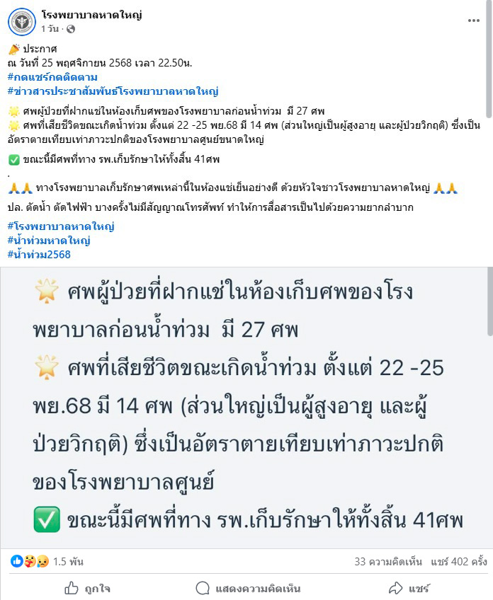โพสต์ข้อความโรงพยาบาลหาดใหญ่รายงานจำนวนผู้เสียชีวิต ที่โรงพยาบาลเก็บรักษาช่วงน้ำท่วม 