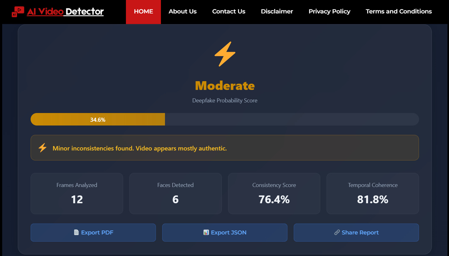ภาพผลการตรวจสอบว่าคลิปวิดีโอดังกล่าวมีแนวโน้มว่าถูกสร้างโดย AI 