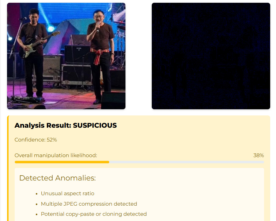 ภาพผลการตรวจสอบของเครื่องมือ Fake Image Detector ที่แสดงผลว่ามีแนวโน้มที่ภาพจะสร้างจากเครื่องมือ AI 