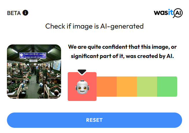 ภาพผลการตรวจสอบจากเครื่องมือ Wasitai พบว่าสร้างจาก AI 