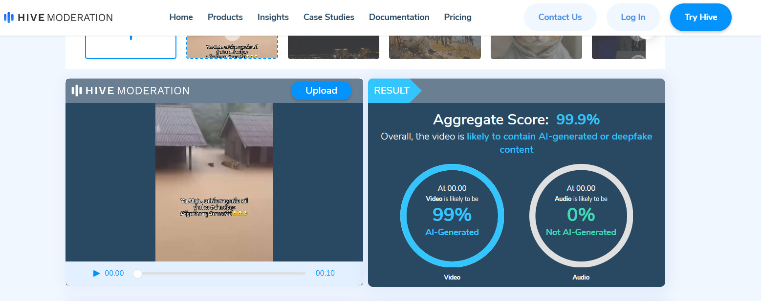 ภาพผลการตรวจสอบว่าคลิปวิดีโอดังกล่าวมีแนวโน้มว่าถูกสร้างโดย AI 