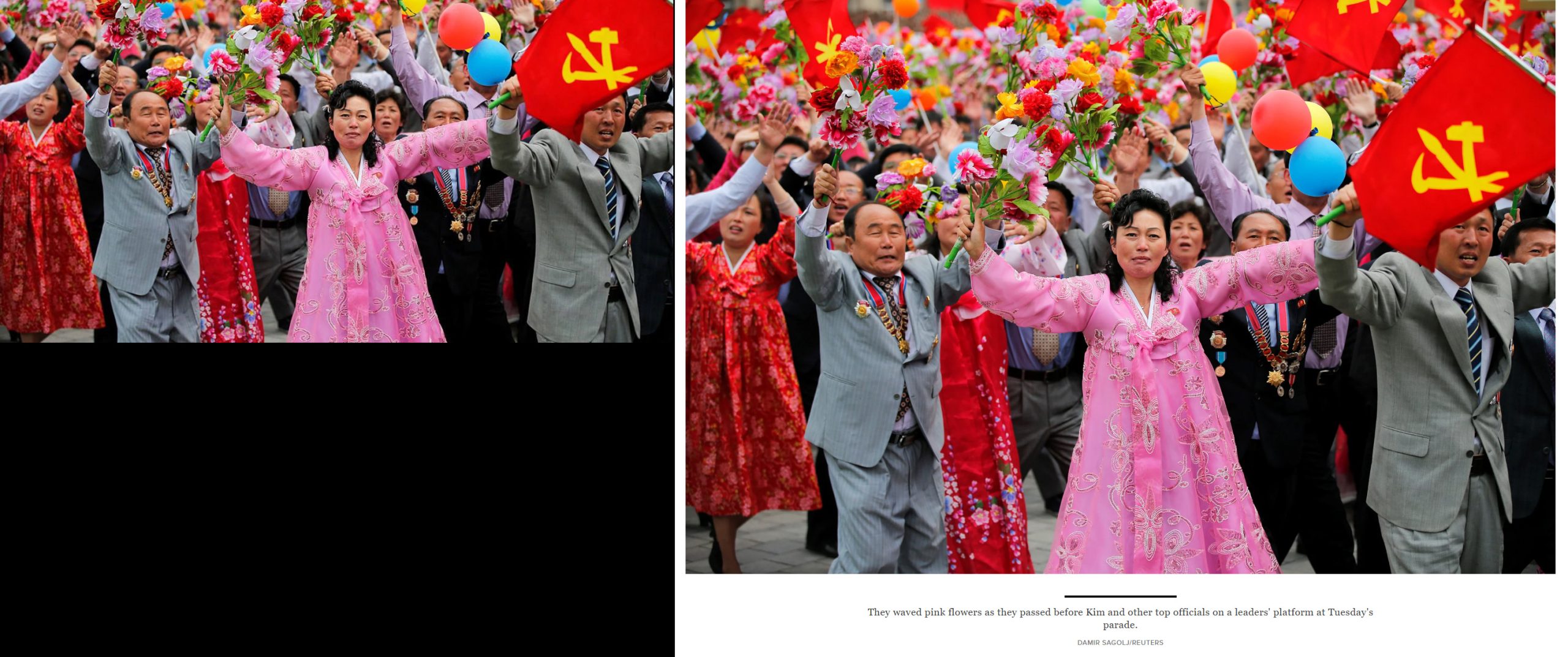 ภาพเปรียบเทียบจากโพสต์ที่อ้างว่าชาวเกาหลีเหนือดีใจที่อนุทินชนะเลือกตั้ง (ซ้าย) และภาพข่าวเกาหลีเหนือจัดขบวนพาเหรด ที่จัตุรัสคิม อิลซอง ในกรุงเปียงยาง (ขวา)