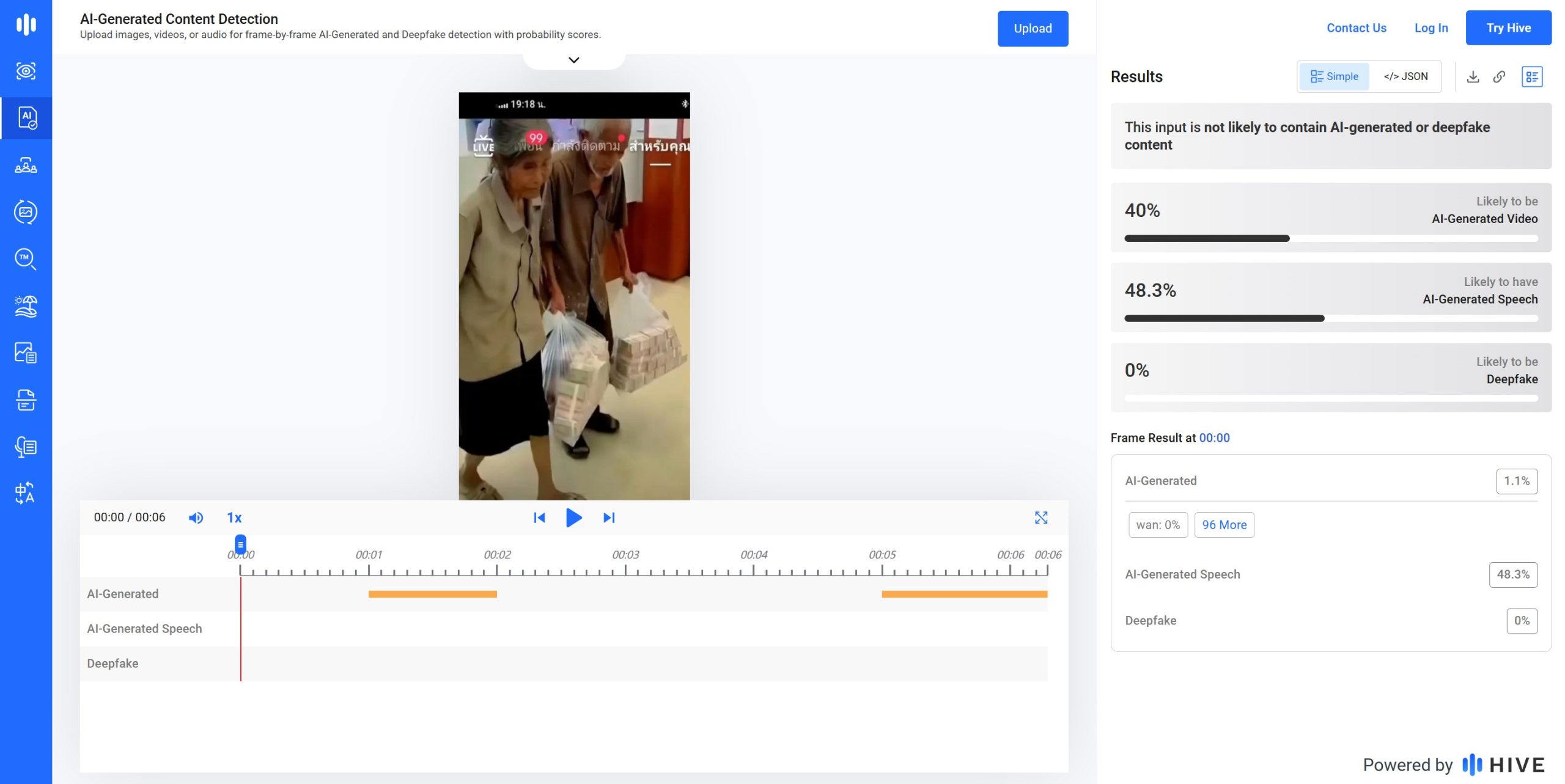 ภาพคลิปที่ตรวจสอบผ่านเครื่องมือ Hive Moderation