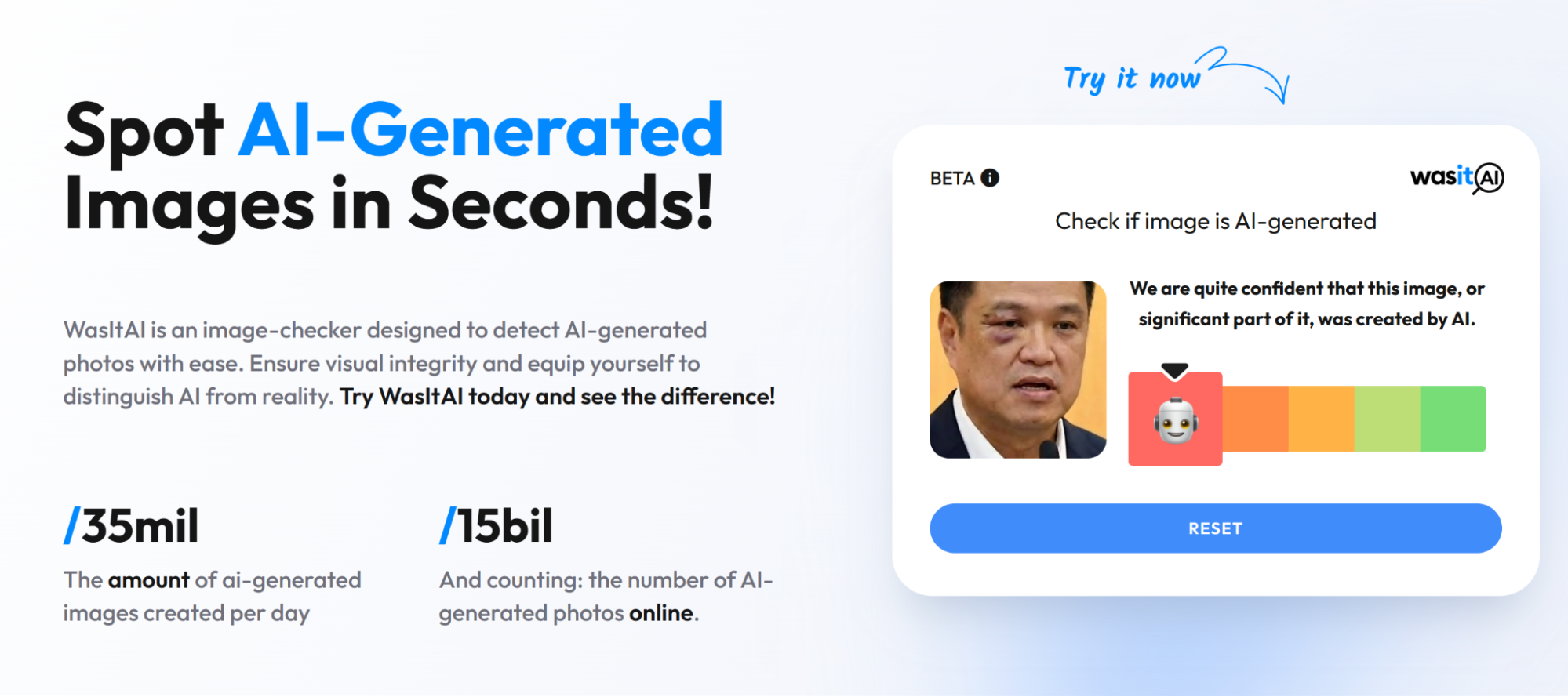 ภาพจาก Wasit AI ที่แสดงผลมีโอกาสที่ภาพสร้างจาก AI 