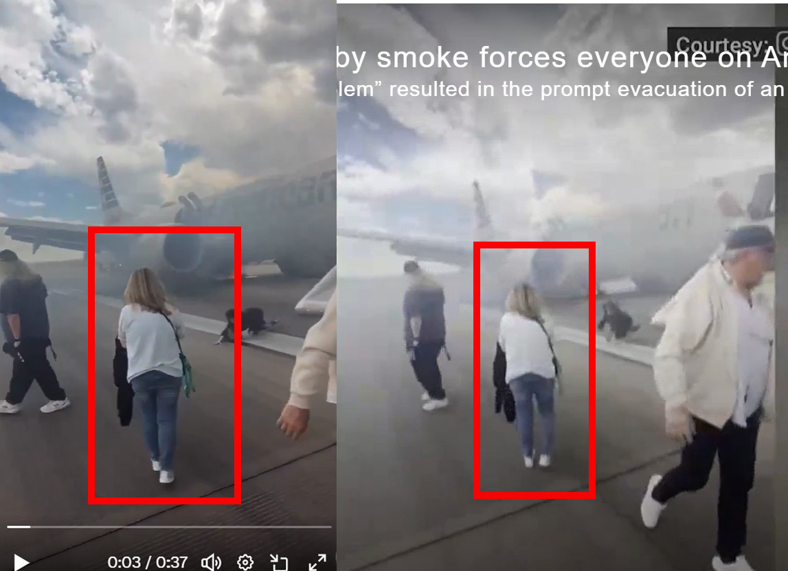 Comparison between the video in question (left) and the actual footage of the American Airlines emergency landing due to landing gear failure (right).
