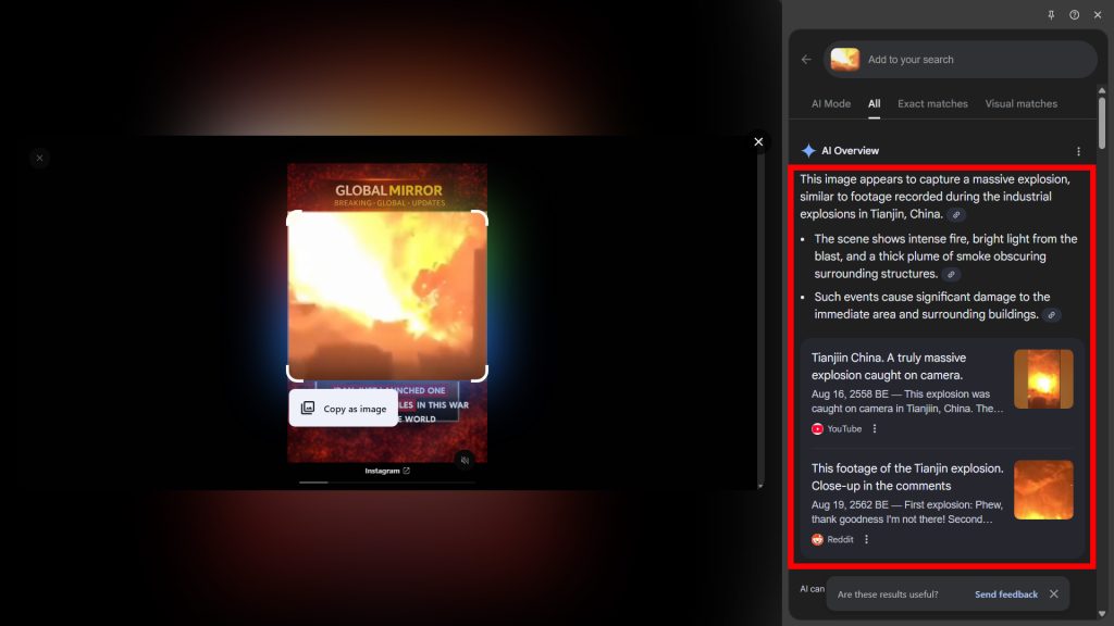 ภาพจาก Instagram ของ Global__Mirror เมื่อมีการตรวจสอบด้วย Google Lens จึงได้พบกับเหตุการณ์จริง