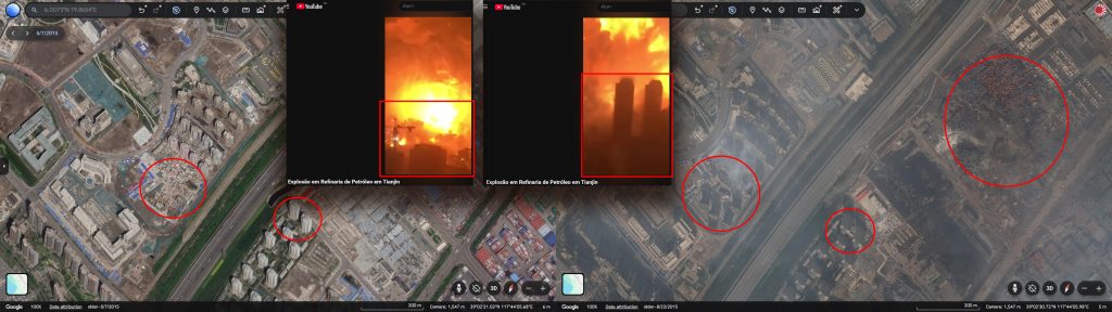 ภาพบันทึกหน้าจอแสดงภาพจาก YouTube (กลาง) แผนที่ Google Earth ช่วงก่อน (ซ้าย) และหลังจากที่โดนระเบิด (ขวา)