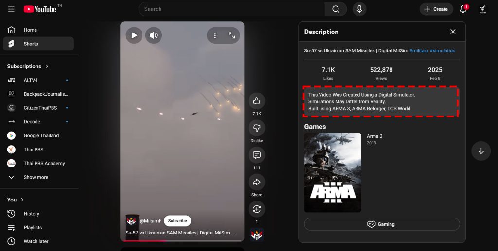 A screenshot of the YouTube channel @MilsimF confirms that the published footage is captured from a combat simulation game.