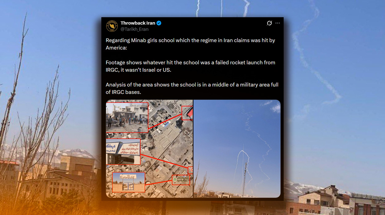 A screenshot from the 'Throwback Iran' page, which claimed on February 28, 2026 that an IRGC missile had malfunctioned and struck a local school.