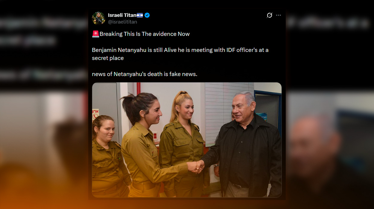 A fake news photo posted by X user 'Israeli Titan' on March 14, 2026, falsely claims that Benjamin Netanyahu visited officials in a secret bunker to disprove rumors of his death.