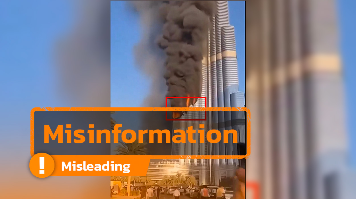 A screenshot from an X account which shared a video showing Burj Khalifa on fire amid public chaos.