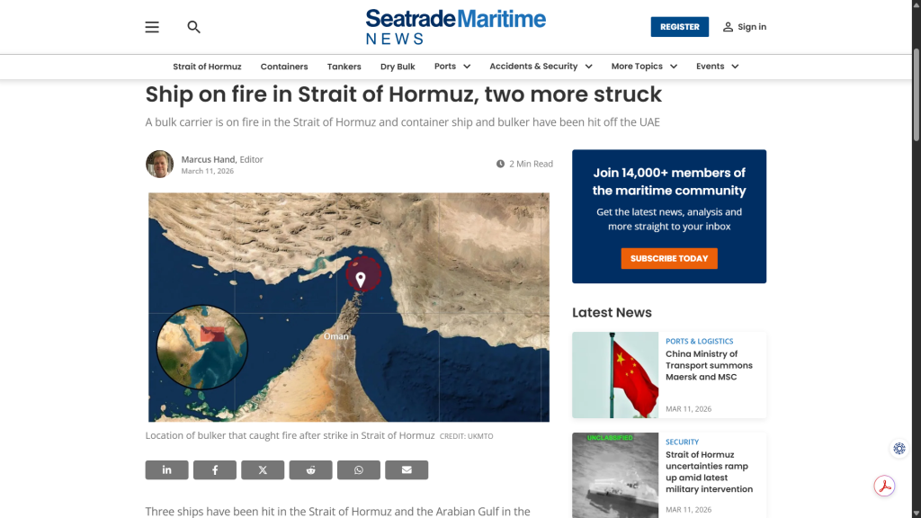 The news website SeatradeMaritime, in a report published on March 11, 2026, stated that one Thai vessel was damaged in a shooting incident.