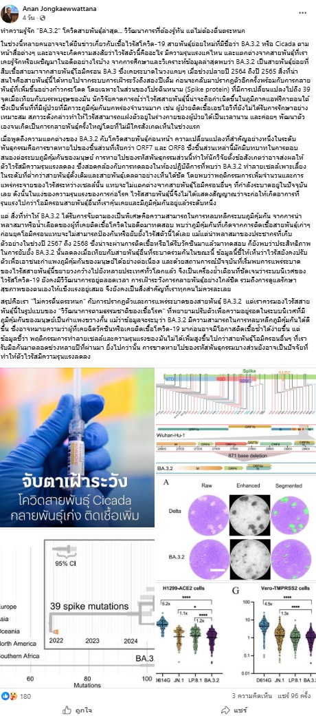 Dr. Anan Jongkaewwattana took to his Facebook page to share insights regarding the COVID-19 subvariant BA.3.2.