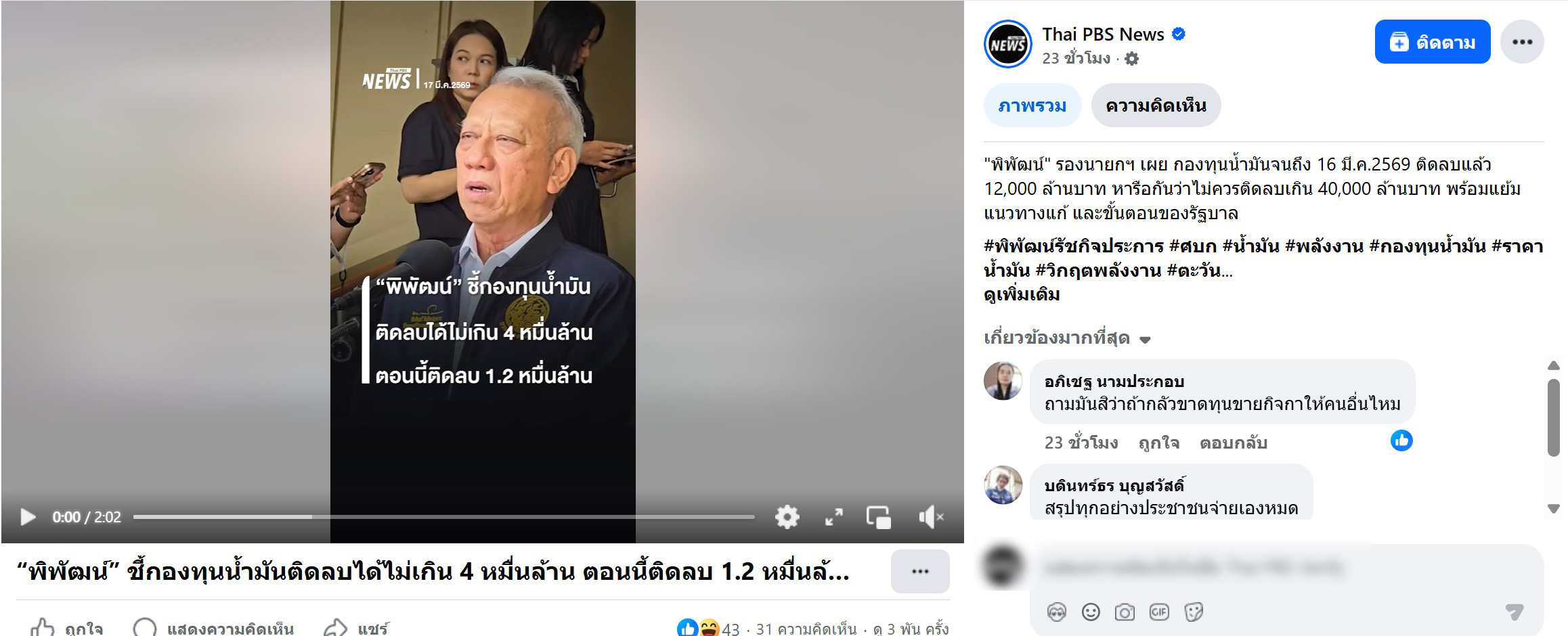 นายพิพัฒน์ รัชกิจประการ รองนายกรัฐมนตรี ซึ่งได้เปิดเผยข้อมูลสำคัญถึงสถานการณ์ล่าสุดว่า จากรายงานสถานะกองทุนน้ำมันเชื้อเพลิงจนถึงวันที่ 16 มีนาคม 2569 พบว่าตัวเลขการเงินอยู่ในสภาวะ "ติดลบแล้วกว่า 12,000 ล้านบาท" ดอลลาร์/บาร์เรล