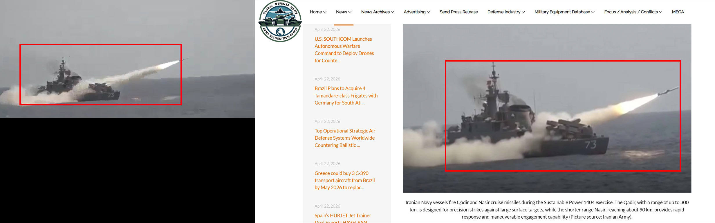 A visual comparison between the vessel featured in the social media post (left) and the original naval drill image from Army Recognition (right).