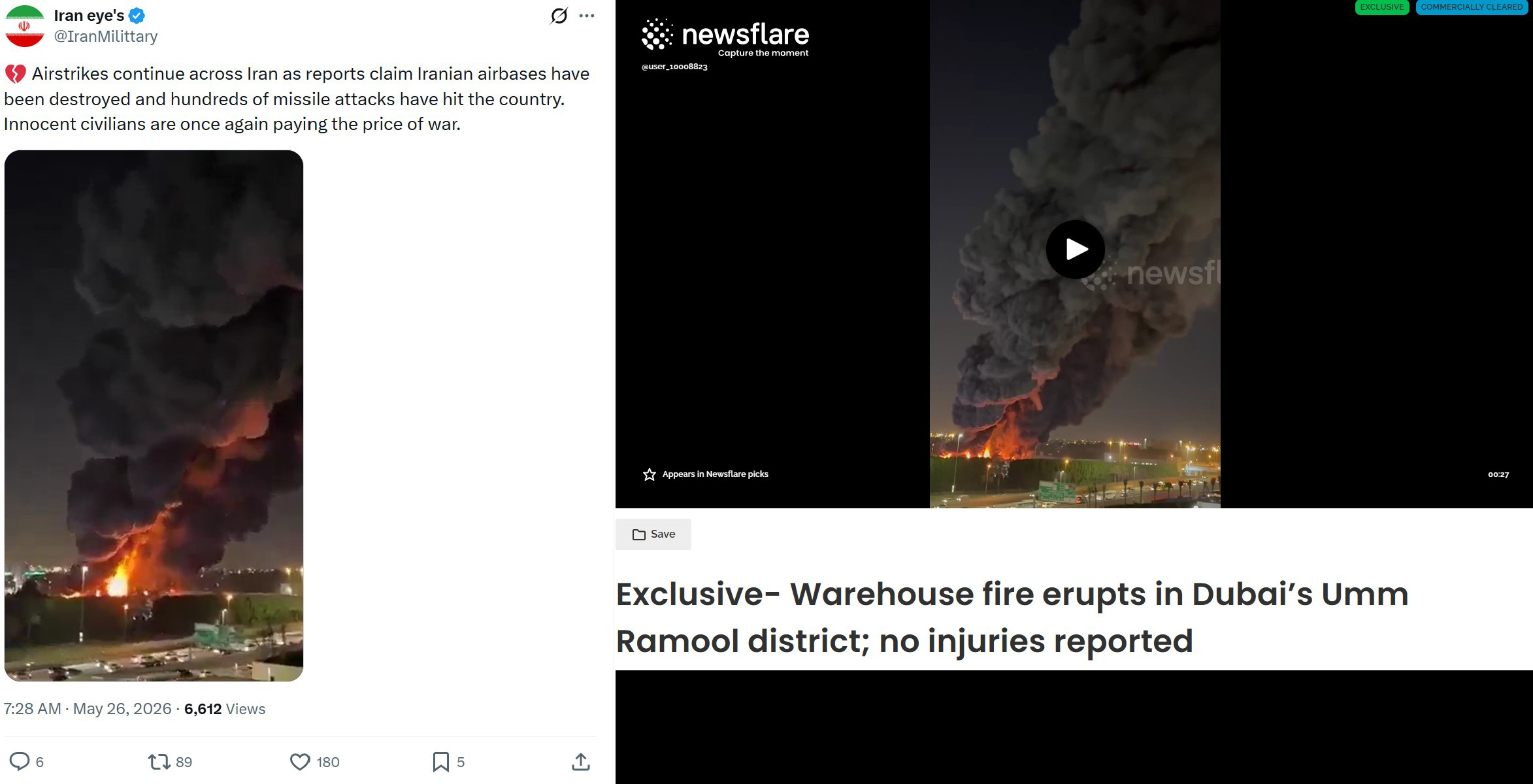 ภาพเปรียบเทียบเหตุการณ์ไฟไหม้จากโพสต์ (ซ้าย) และจากเว็บไซต์ Newsflare (ขวา)