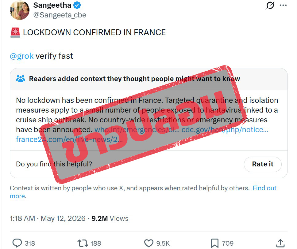 ภาพบัญชี X แชร์โพสต์ ระุบว่า “ LOCKDOWN CONFIRMED IN FRANCE”