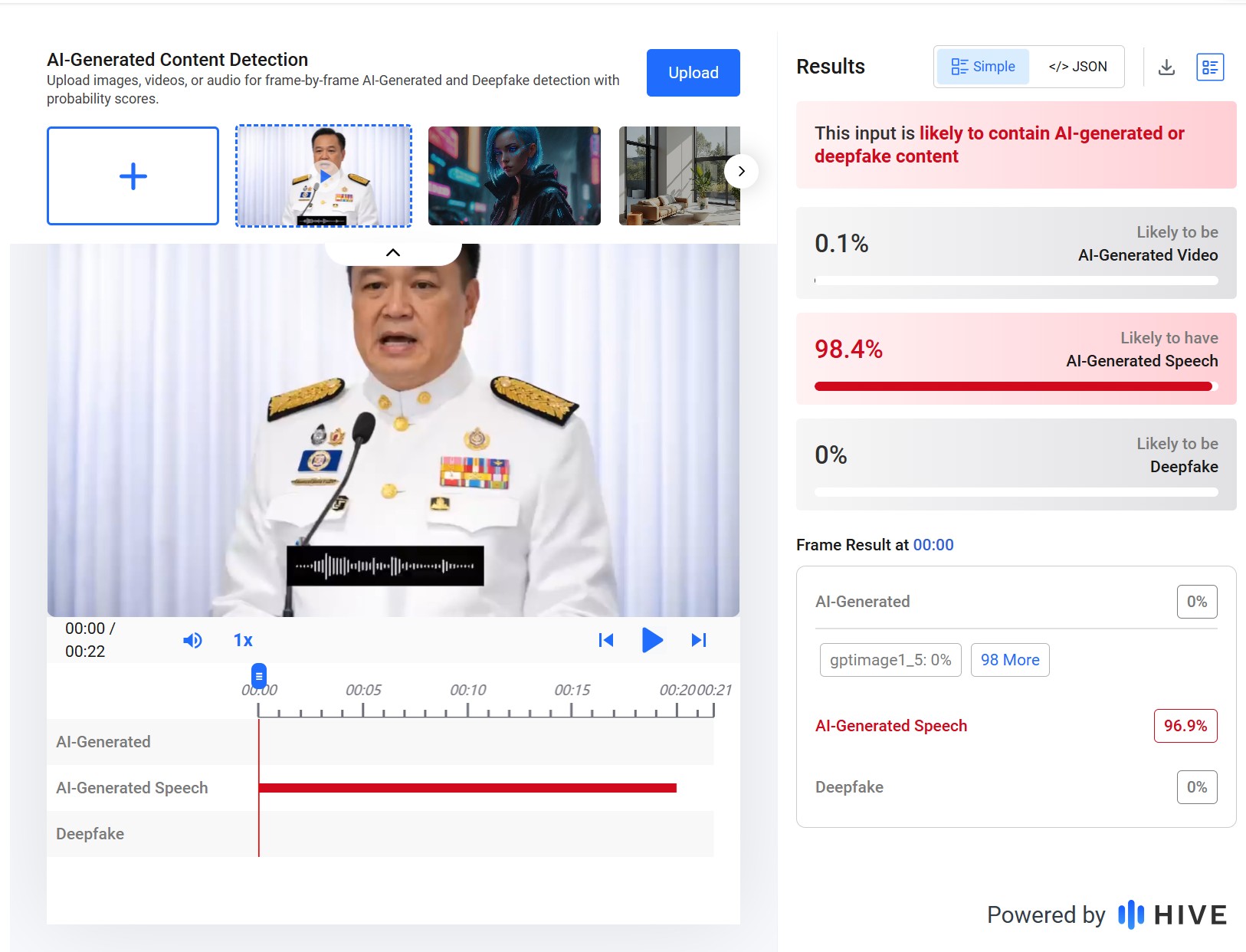 ภาพการตรวจสอบจาก Hive moderation พบมีความเป็นไปได้ที่เสียงถูกสร้างจาก AI สูงถึง 98.4%  