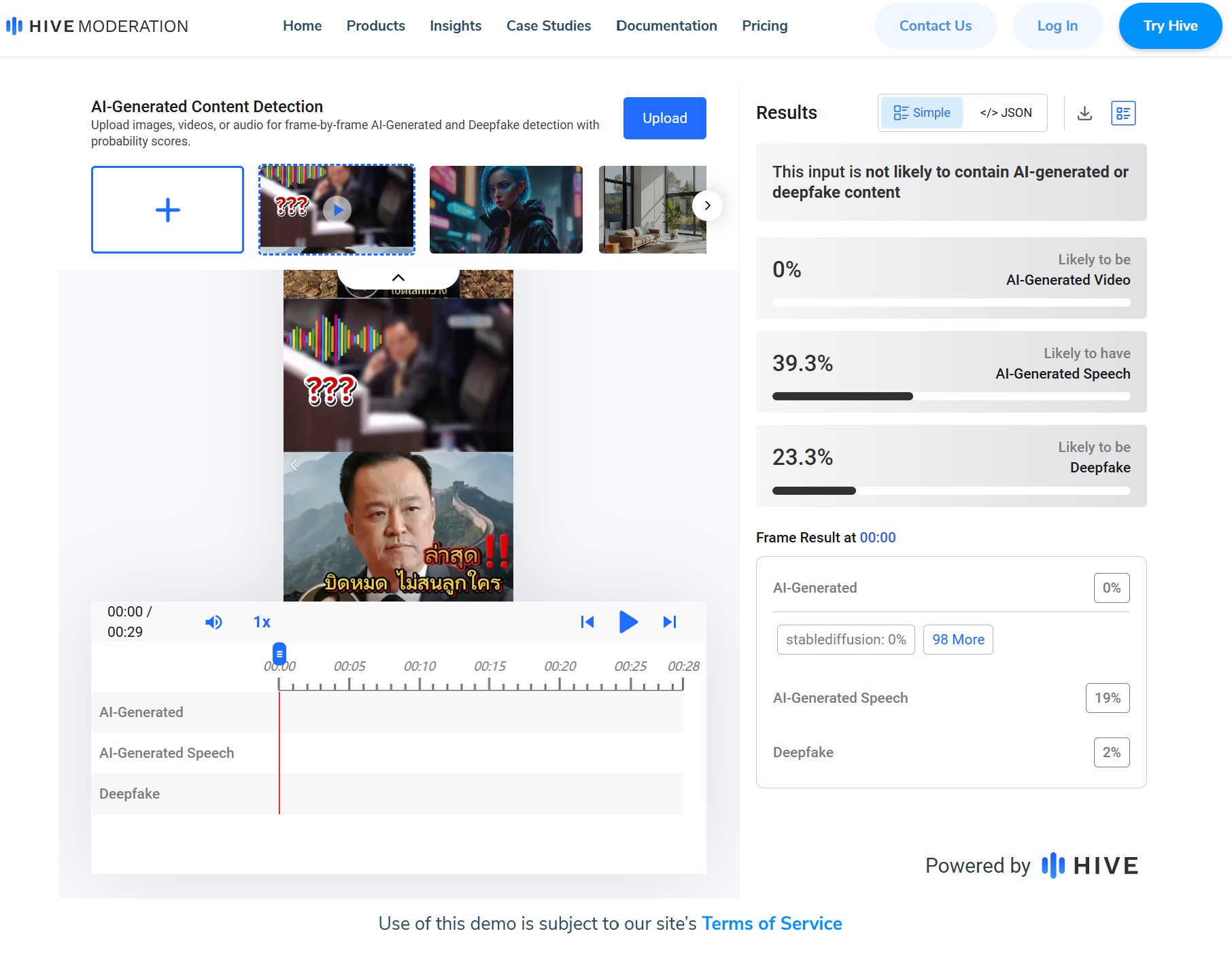 ภาพตรวจสอบด้วยเครื่องมือ  Hive moderation ระบุว่า เสียงในคลิปถูกสร้างจาก AI