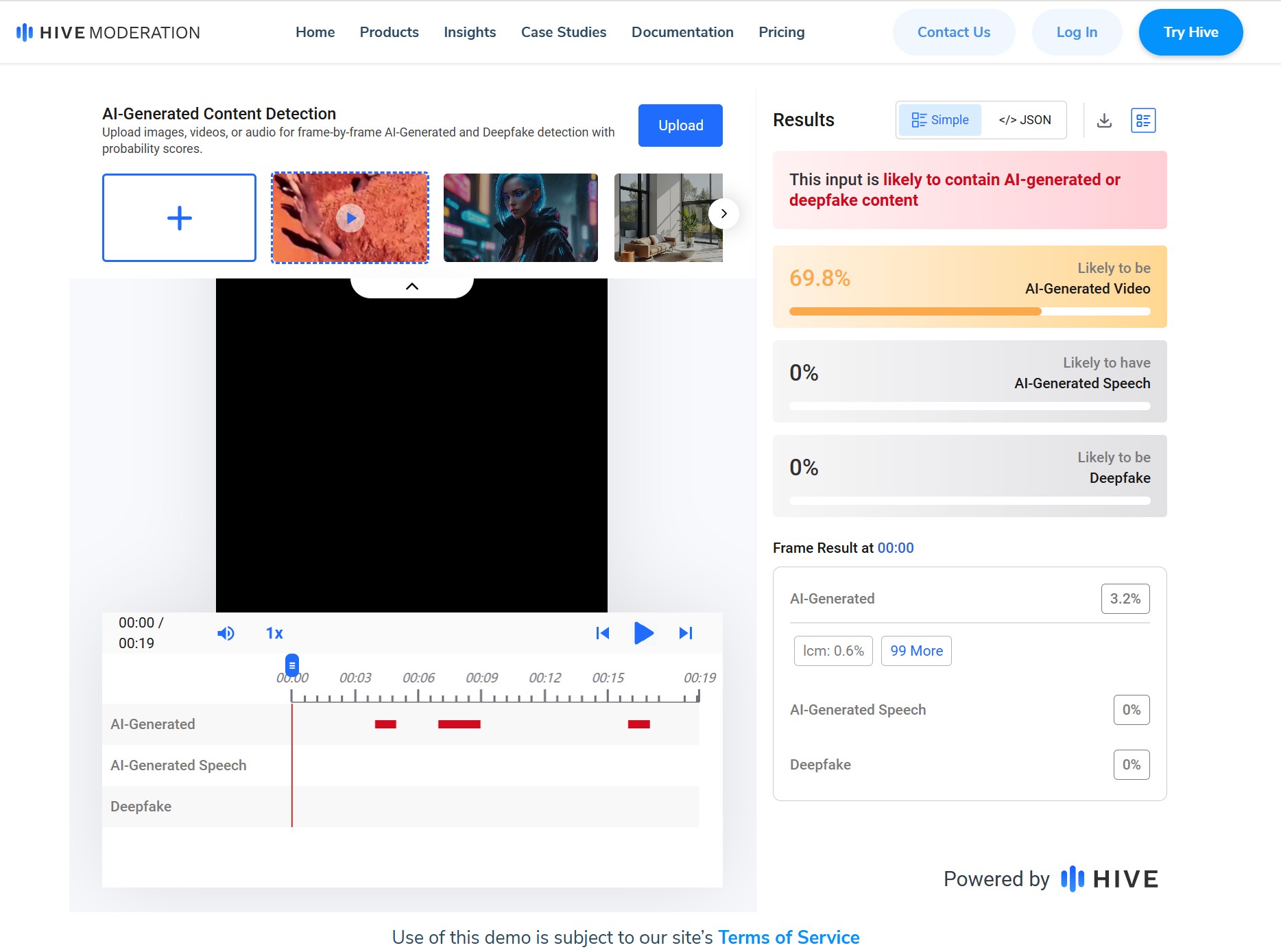 ผลการตรวจสอบจาก  Hive moderation ระบุว่าสร้างจาก AI อยู่ที่ 69.8%