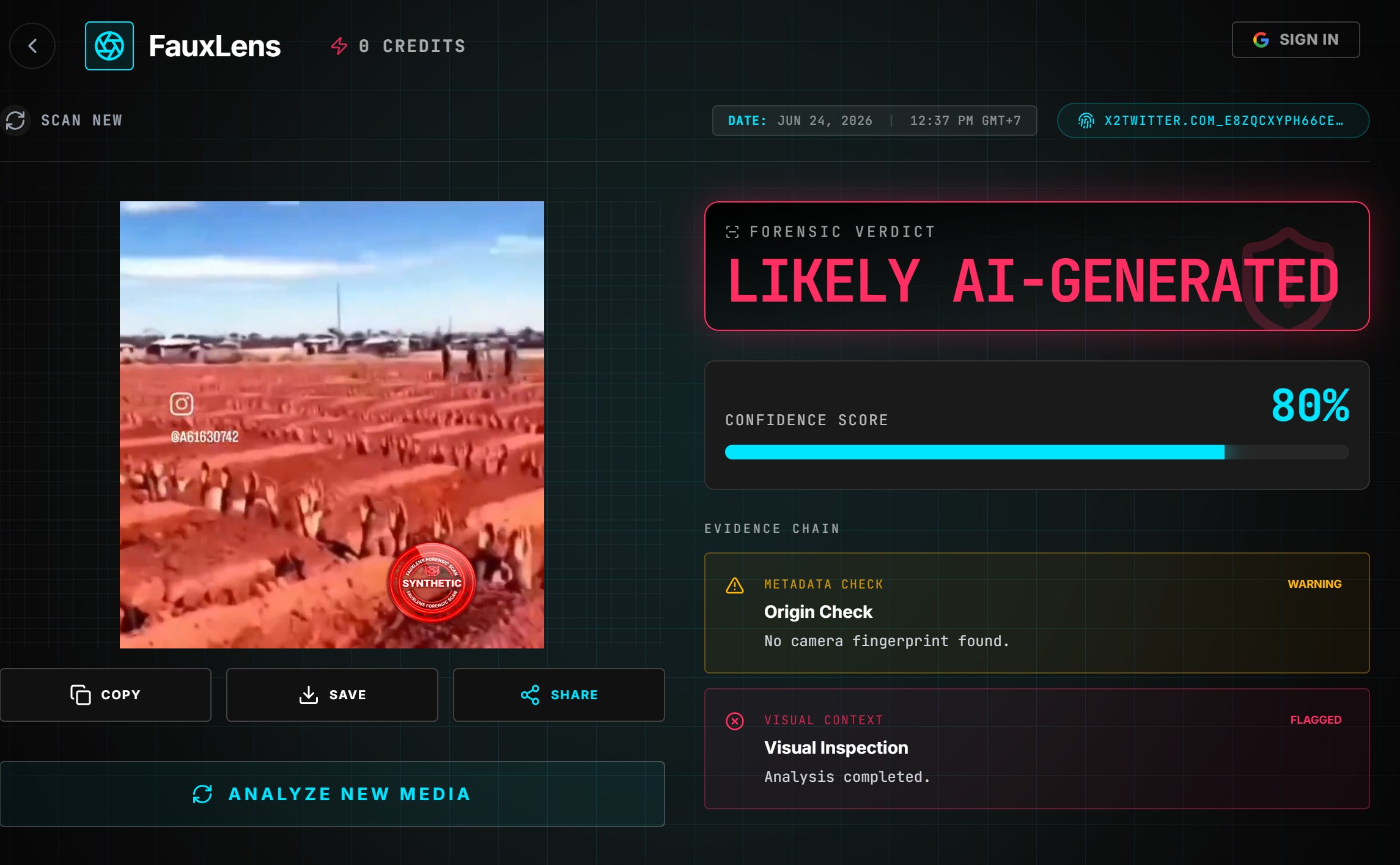ภาพผลการตรวจสอบจาก fauxlens ระบุว่าสร้างจาก AI อยู่ที่ 80%