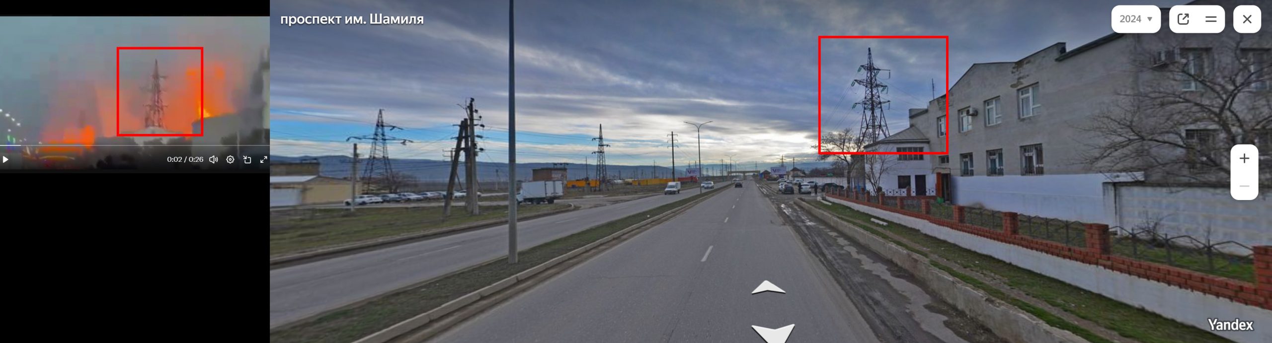 ภาพเปรียบเทียบสถานที่ในคลิป (ซ้าย) และภาพจากแผนที่ yandex (ขวา)