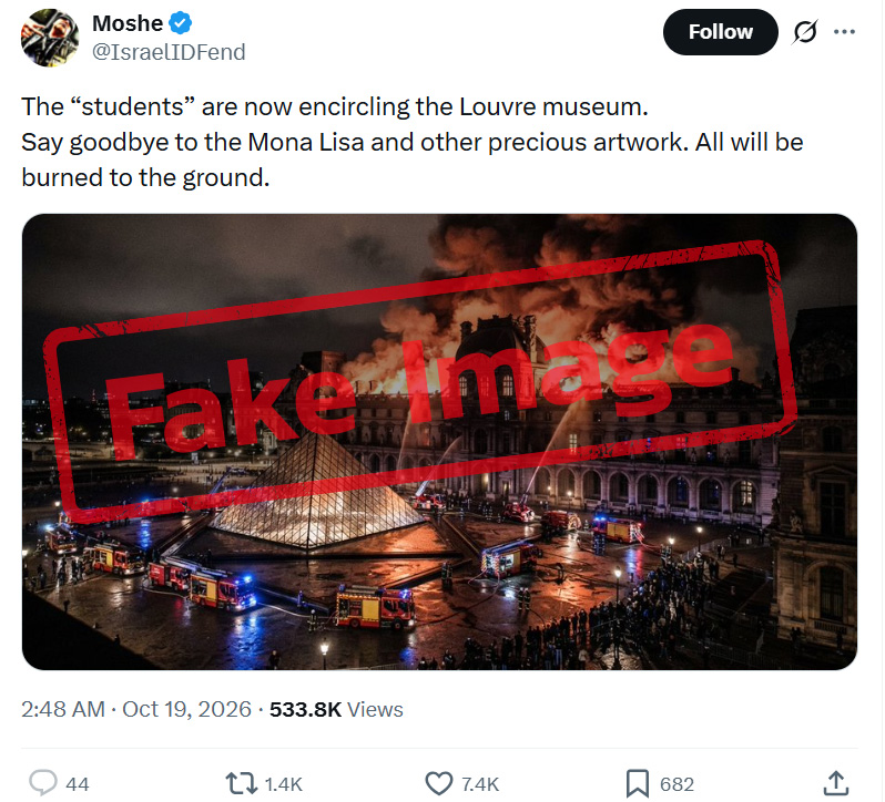 An X account shares an image of the Louvre Museum on fire.