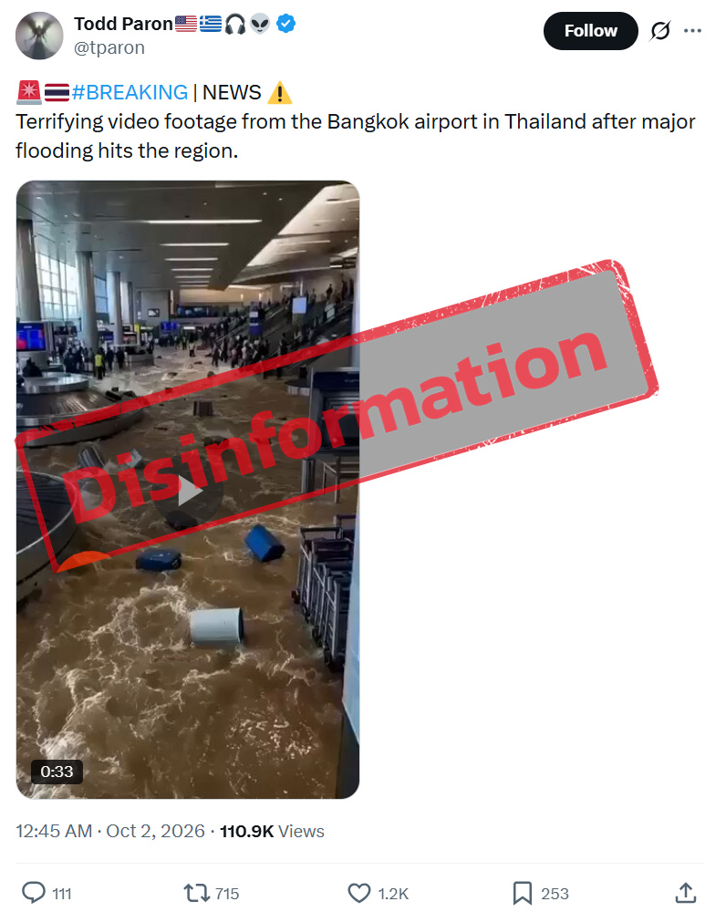 A post on X has circulated an image depicting floodwaters inside the airport's luggage section.
